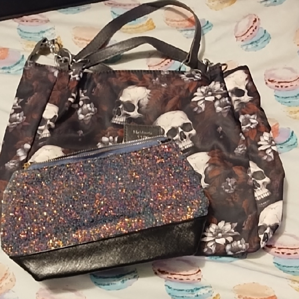 Skull And Flower Small Handbag With Cosmetic Bag